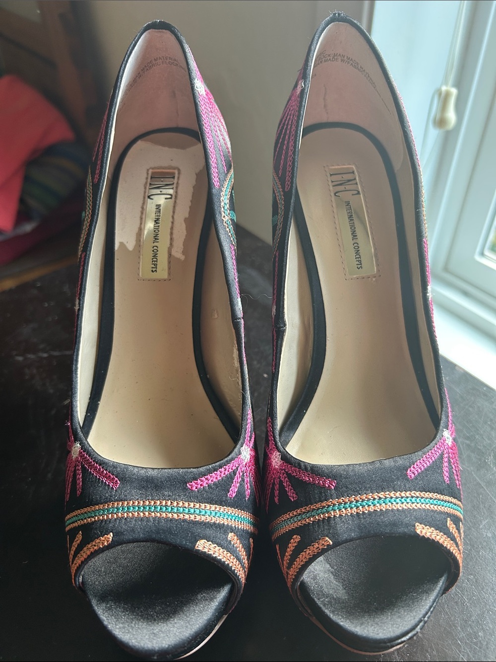 INC International Concepts embroidery on black high heels size 6.5